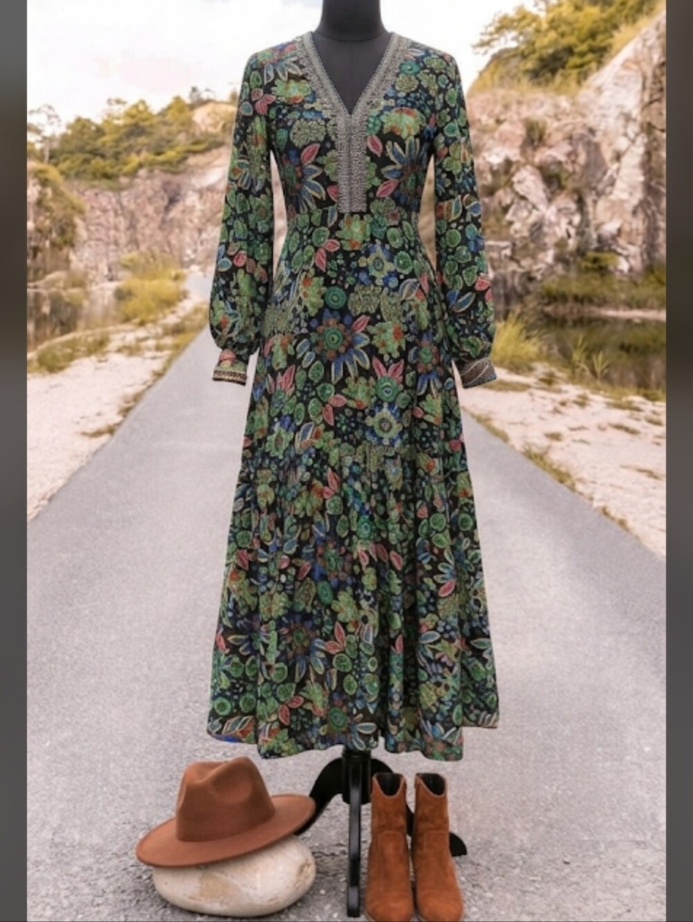 Bohemian Floral Maxi Dress - Black with Multicolor Floral - Picture 14 of 14